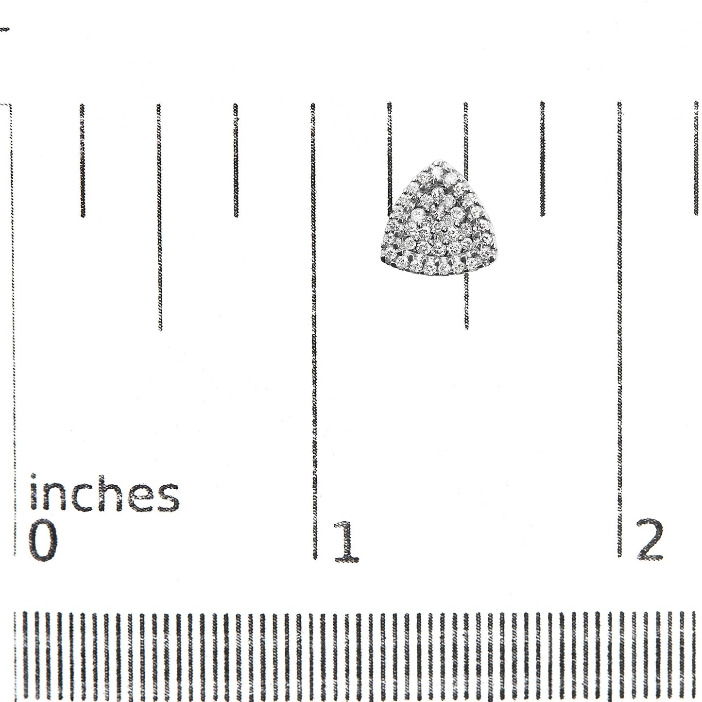 Close-up front view of a triangular white metal earring with multiple white round gemstones in prong settings, placed on a ruler for size reference.