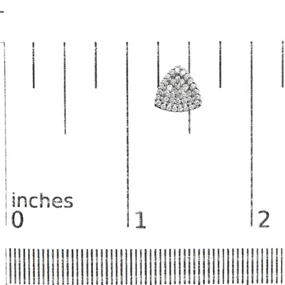 Close-up front view of a triangular white metal earring with multiple white round gemstones in prong settings, placed on a ruler for size reference.