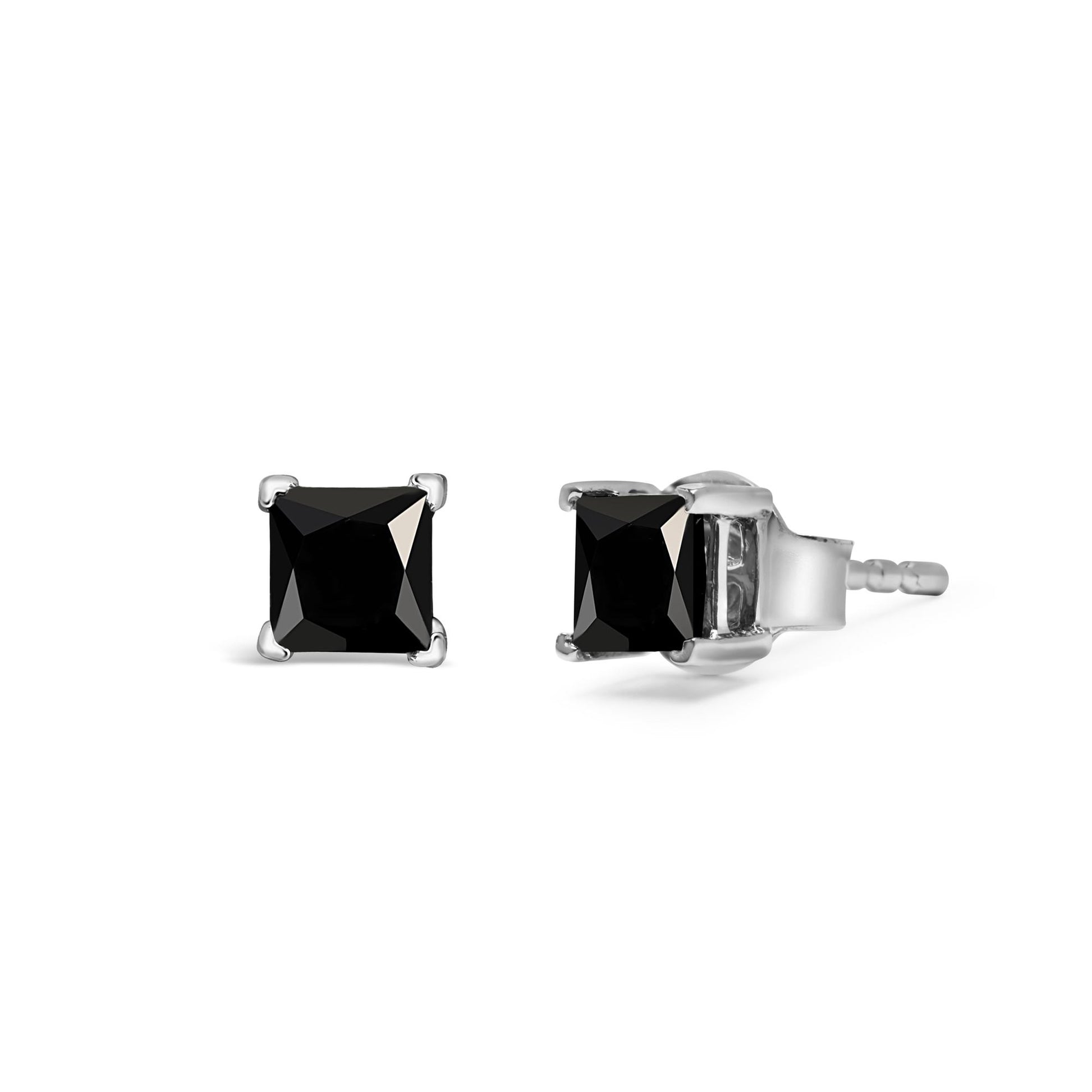 Pair of white metal stud earrings with princess-shaped black gemstones in 4-prong settings, shown from front and side angles on a white background.