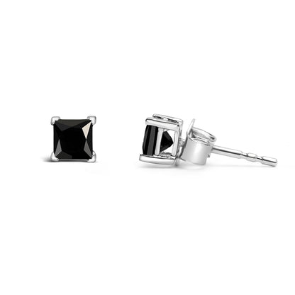 Pair of white metal stud earrings with black square-shaped gemstones in a four-prong setting, shown from front and side angles on a white background.