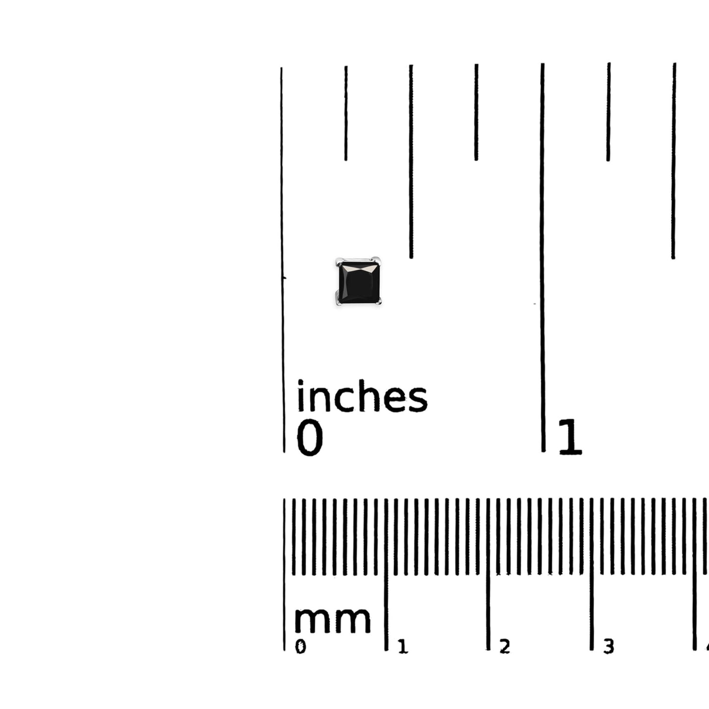 White metal stud earring with a black princess-shaped gemstone in a four-prong setting, shown on a ruler for size reference.
