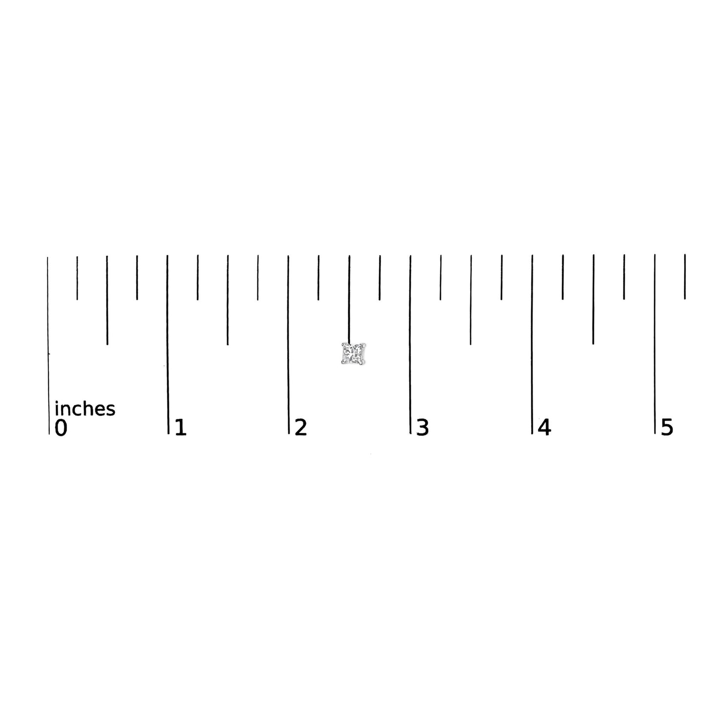 Close-up of a single white metal earring with a princess-shaped white gemstone in a prong setting, shown on a ruler for size reference.