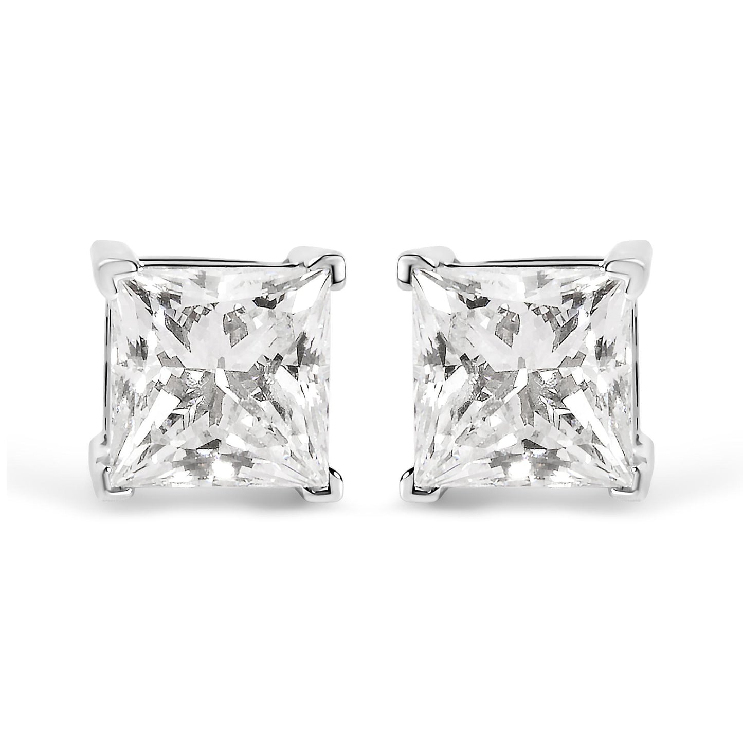 Front view of white metal stud earrings with princess-shaped white gemstones in four-prong settings.