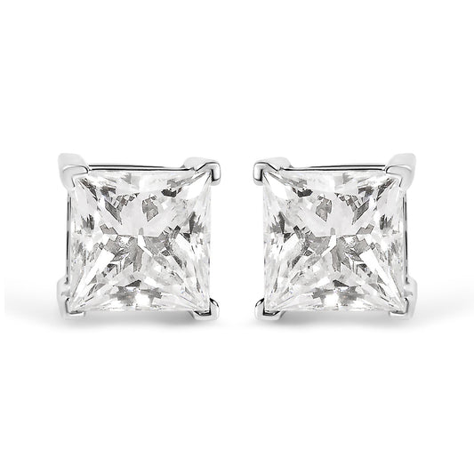 Front view of white metal stud earrings with princess-shaped white gemstones in four-prong settings.
