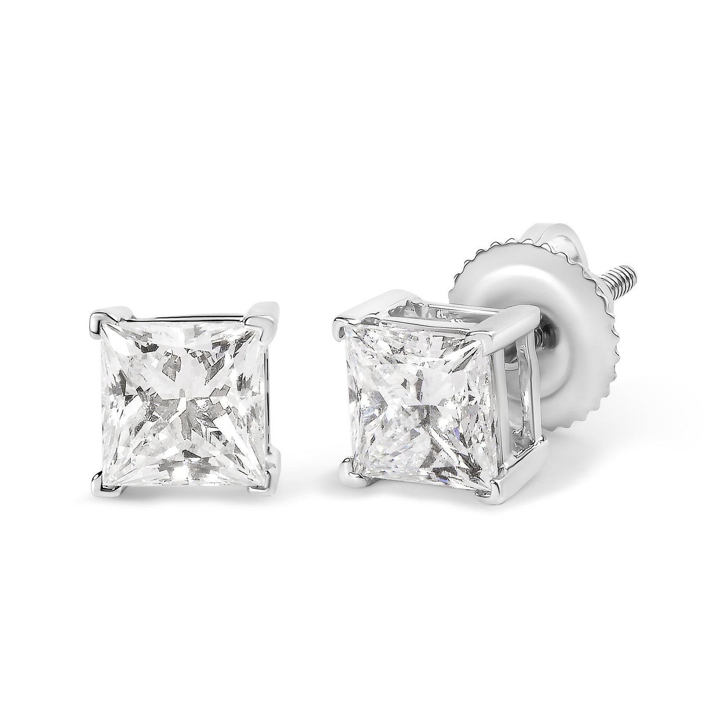 Close-up front and side angle of white metal stud earrings with princess shape white gemstones in 4-prong settings.