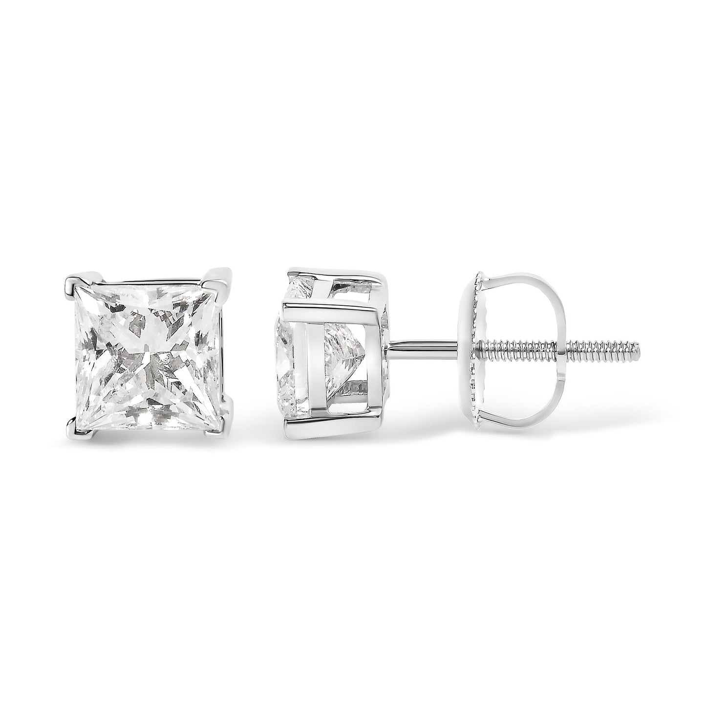 Close-up front and side view of white metal stud earrings with princess shape red gemstones in 4-prong settings.