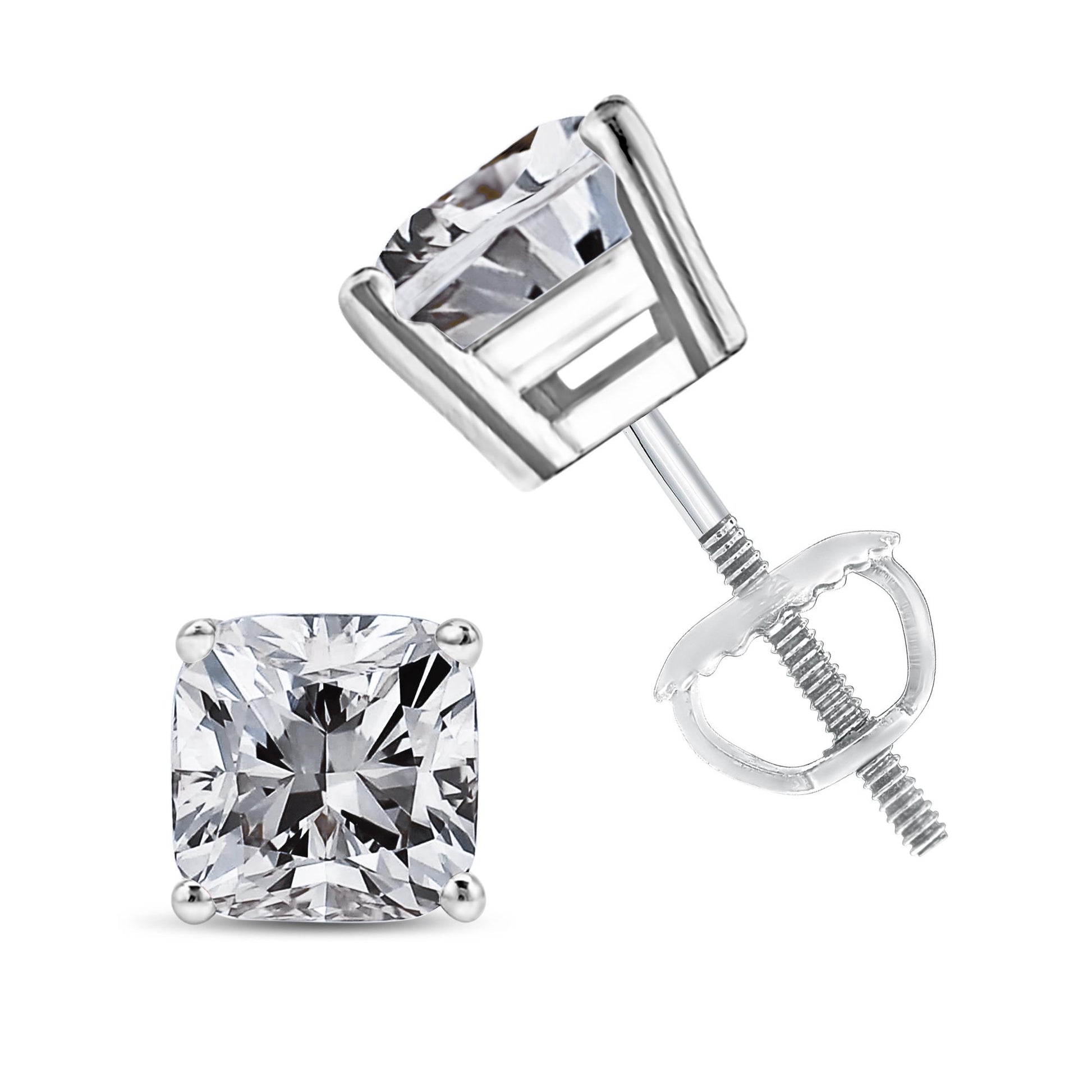 Close-up front and angled side view of white metal earrings with square-shaped white gemstones in 4-prong settings.