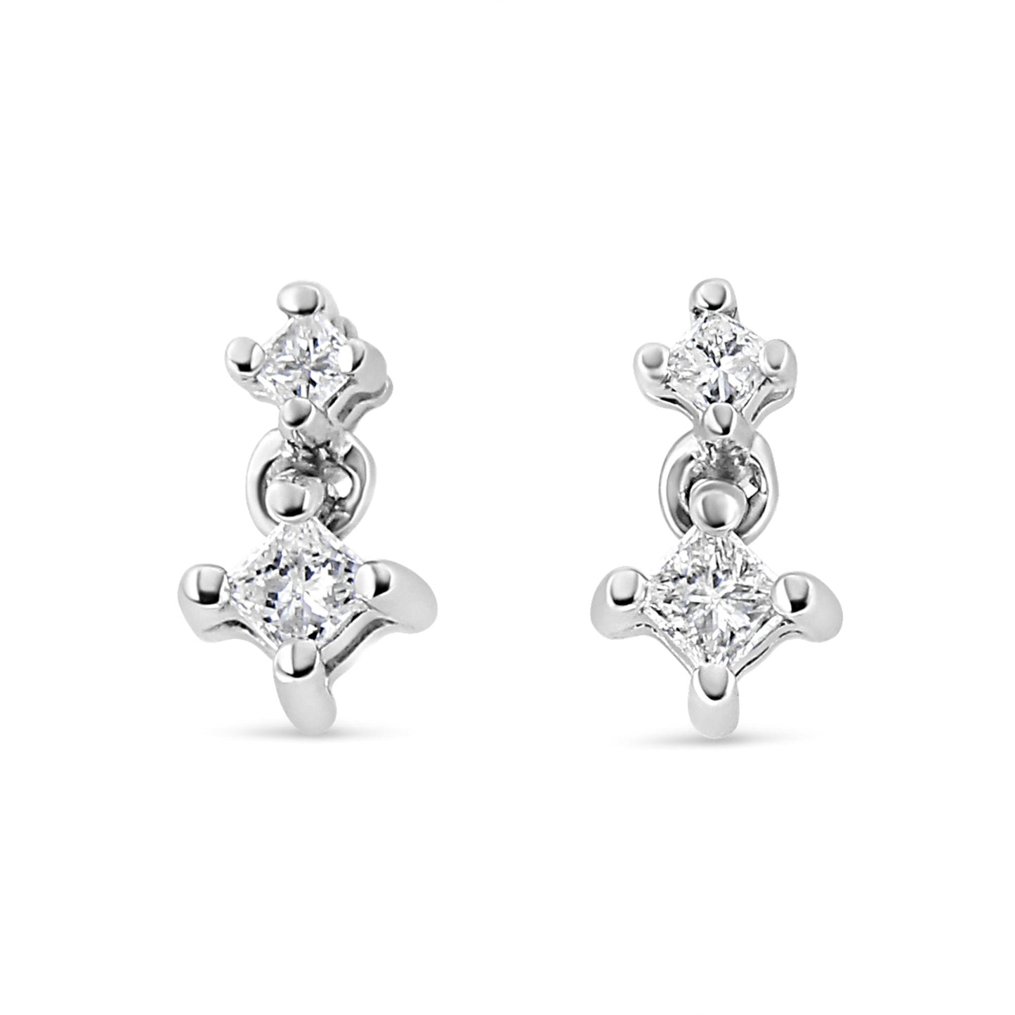 Front view of white metal earrings featuring two princess-shaped white gemstones in prong settings on each earring.