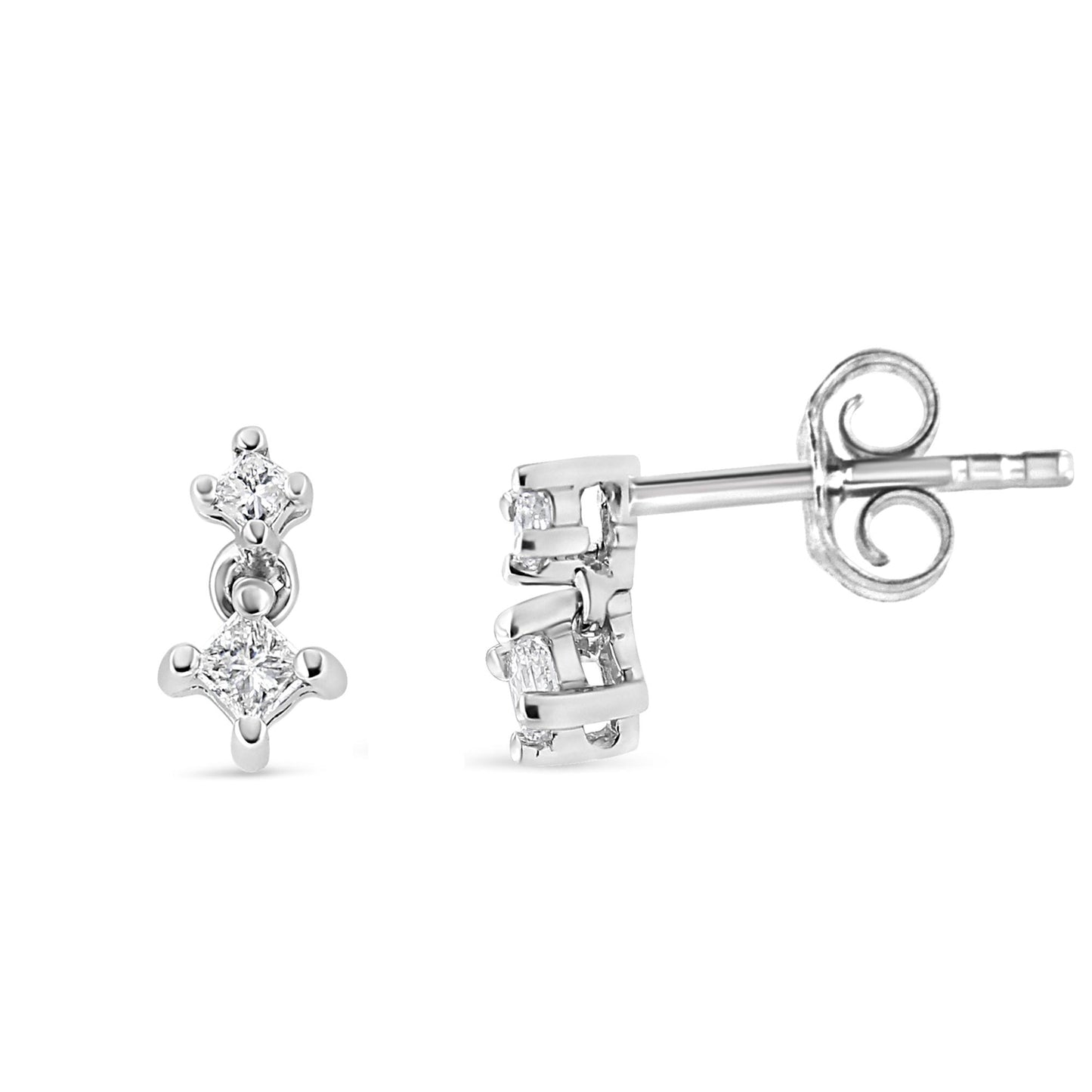 Pair of white metal earrings with prong-set princess-shaped white gemstones, shown from front and side angles.
