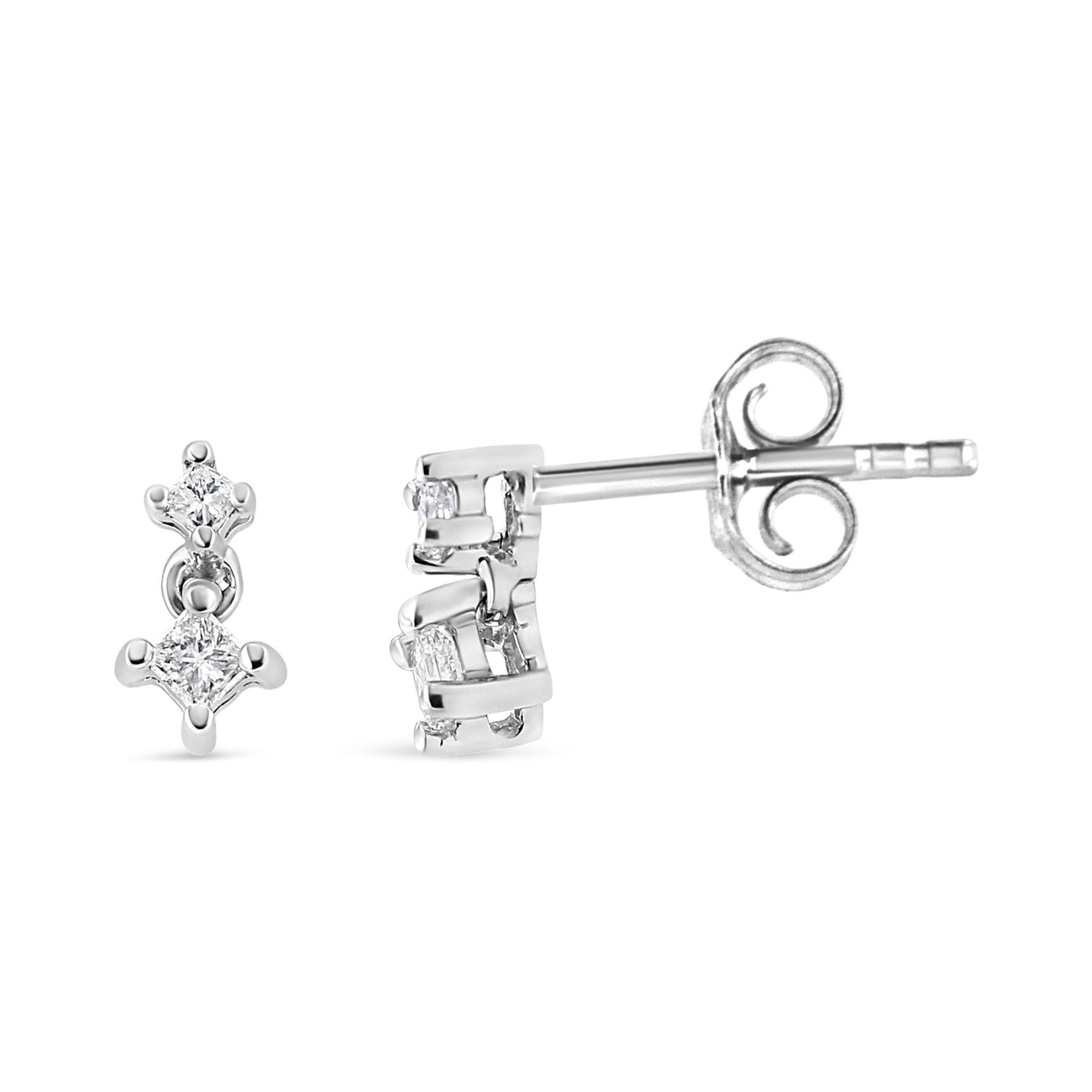 Close-up front and side view of white metal earrings with two princess-shaped white gemstones in prong settings, shown against a white background.