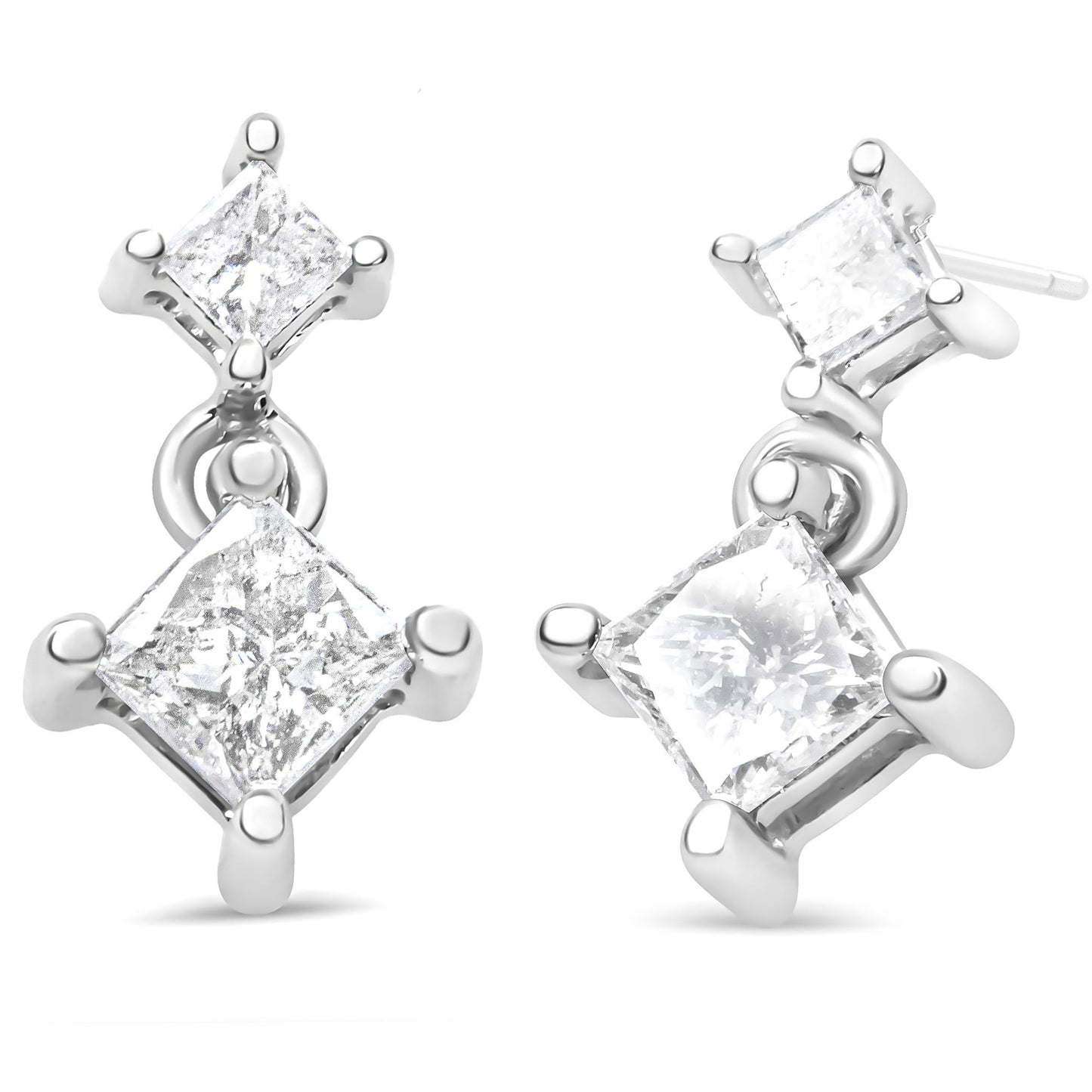 Front and angled view of white metal earrings with two princess shape white gemstones each in prong settings.