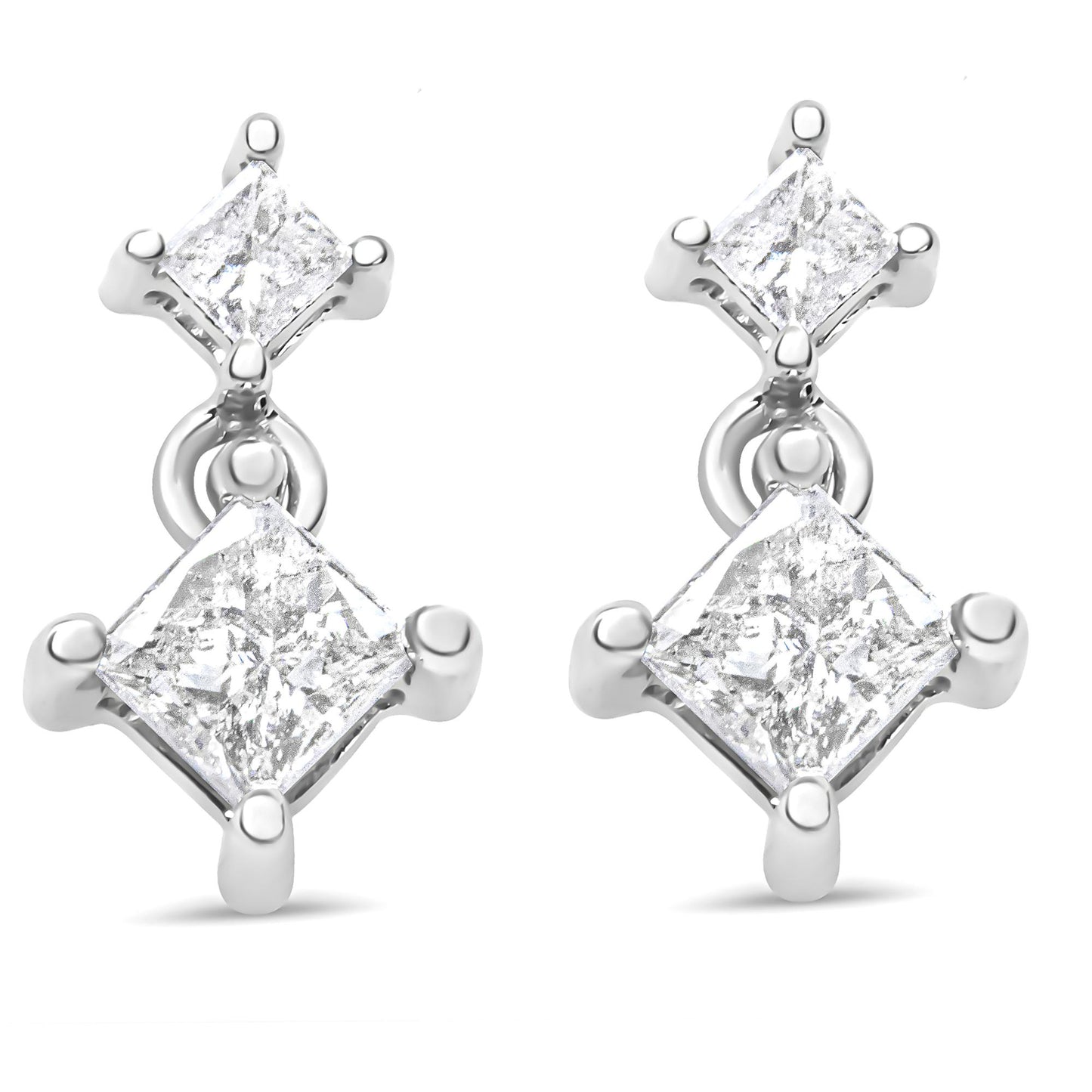 Pair of white metal earrings with two prong-set princess-shaped white gemstones each, shown in a front angle.