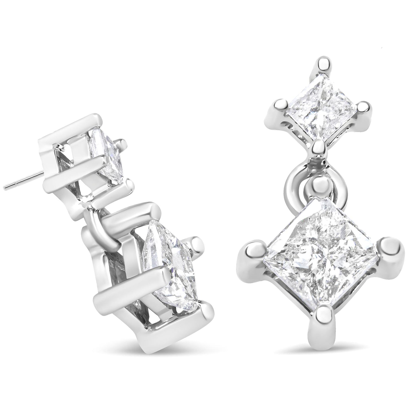 Pair of white metal earrings with prong-set princess-shaped white gemstones, shown from a front and angled side view.
