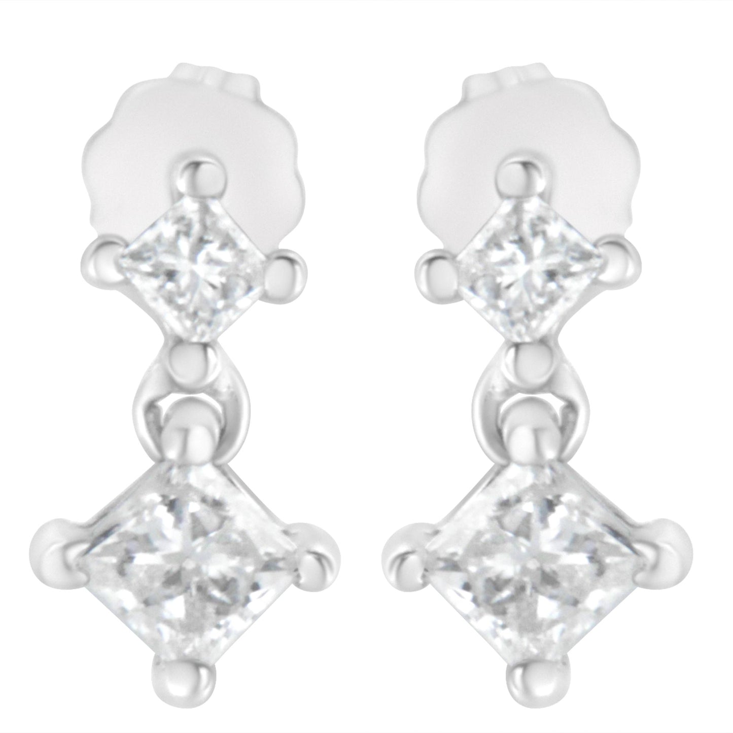 Front view of white metal earrings each featuring two princess-shaped white gemstones in prong settings connected vertically.