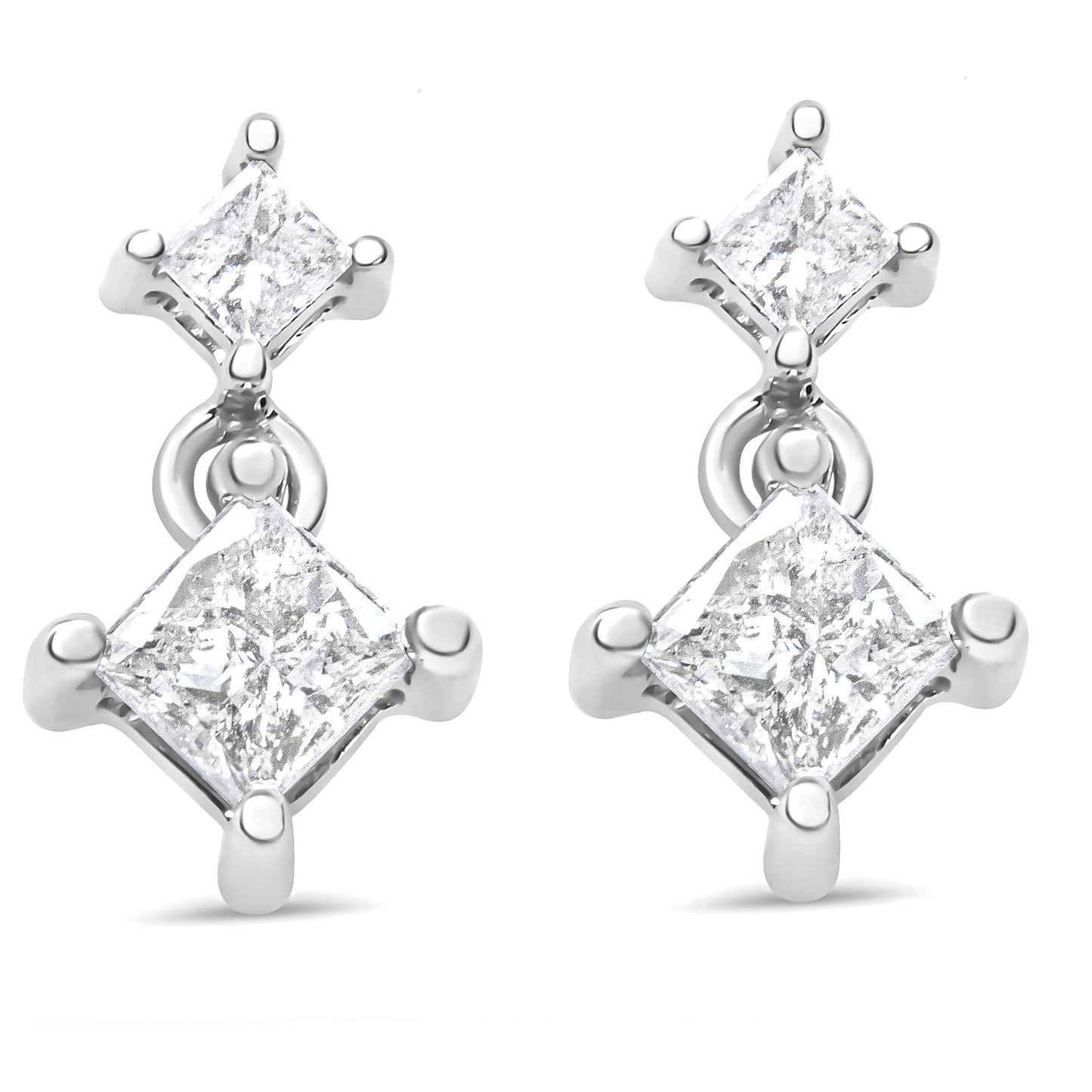Front view of a pair of white metal earrings each featuring two princess-shaped white gemstones in prong settings.