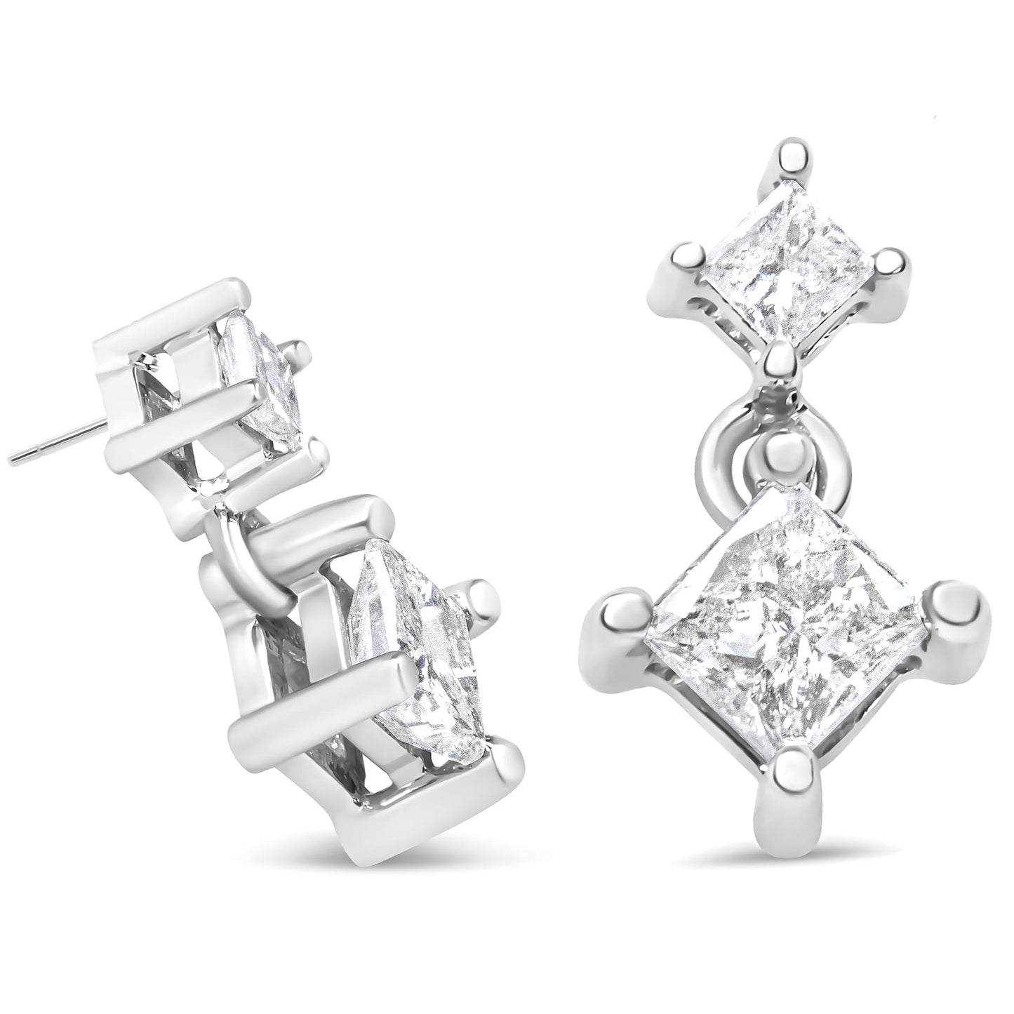 Pair of white metal earrings with two princess-shaped white gemstones each in prong settings, shown from front and side angles.