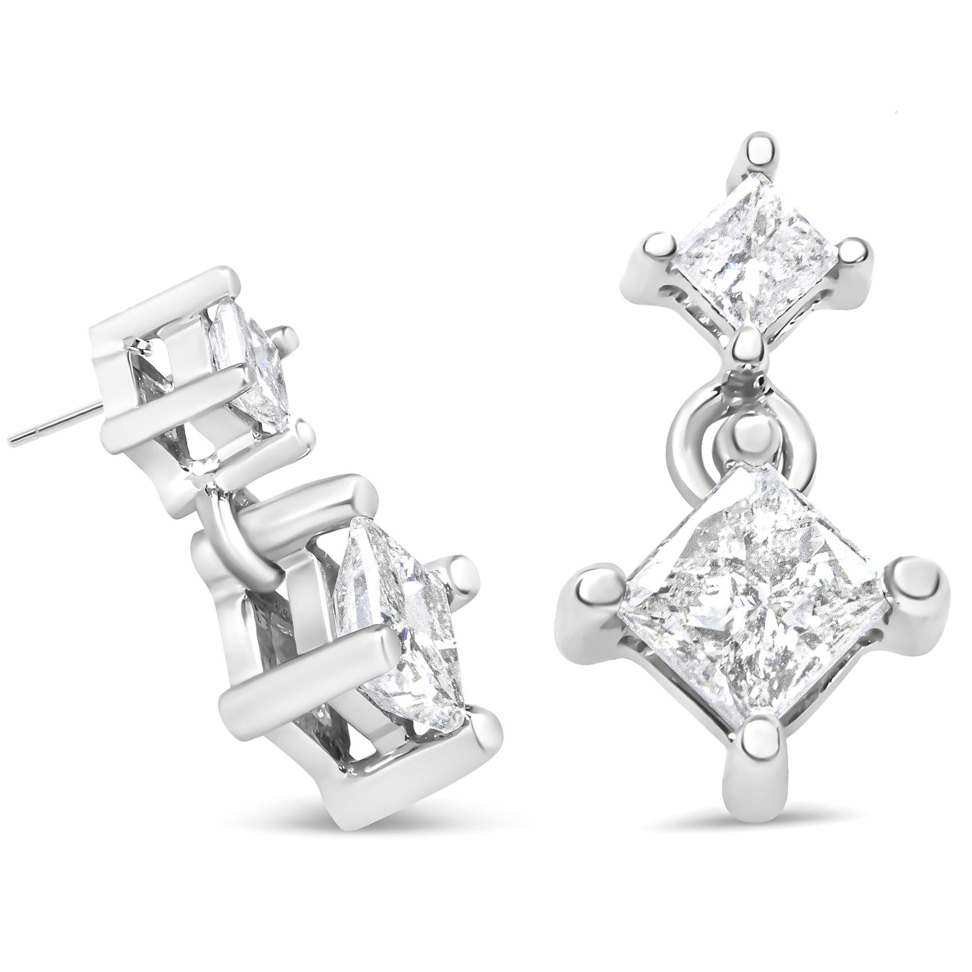 Pair of white metal earrings with two princess-shaped white gemstones each in prong settings, shown from front and side angles.