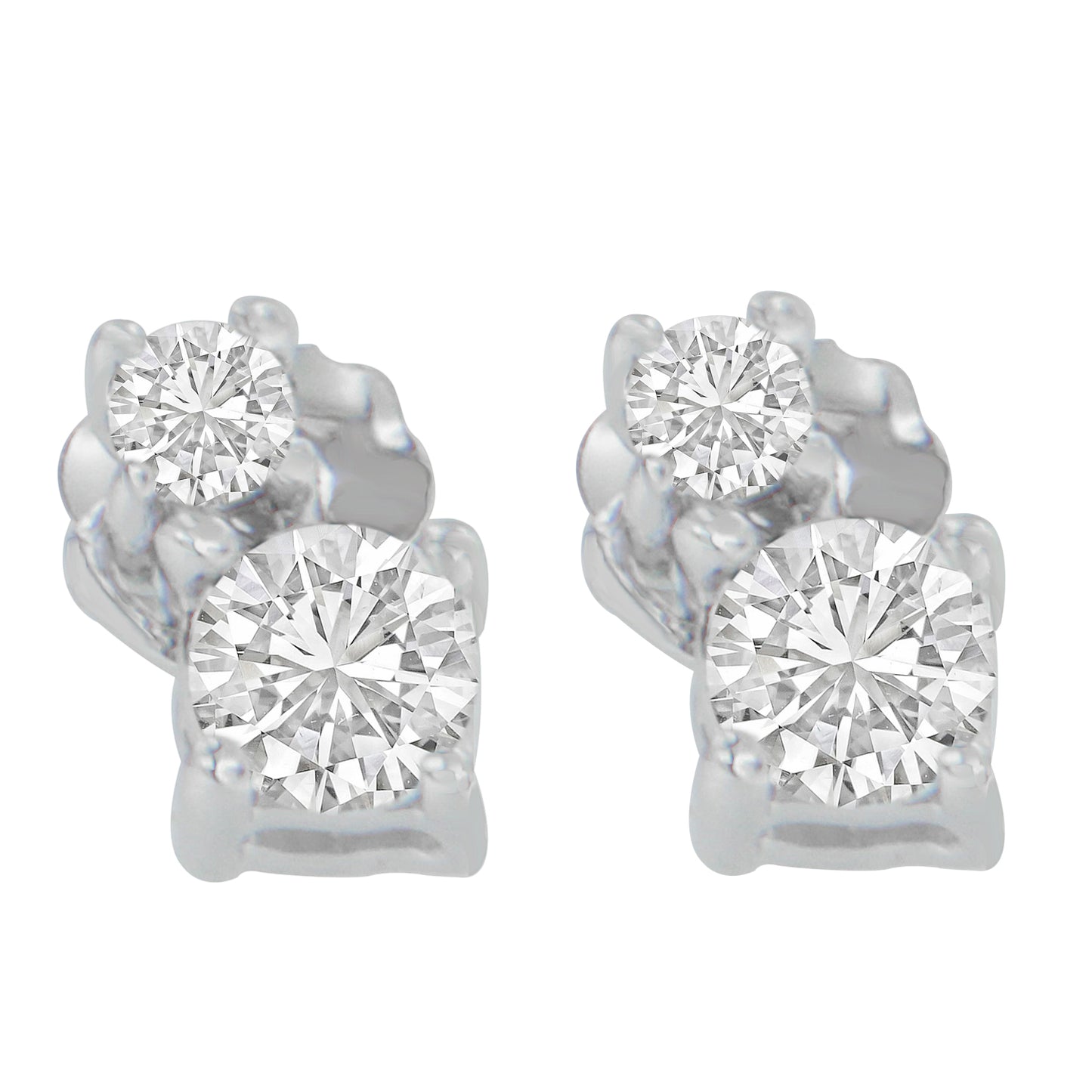 Front view of a pair of white metal stud earrings, each featuring two prong-set round white gemstones of different sizes.