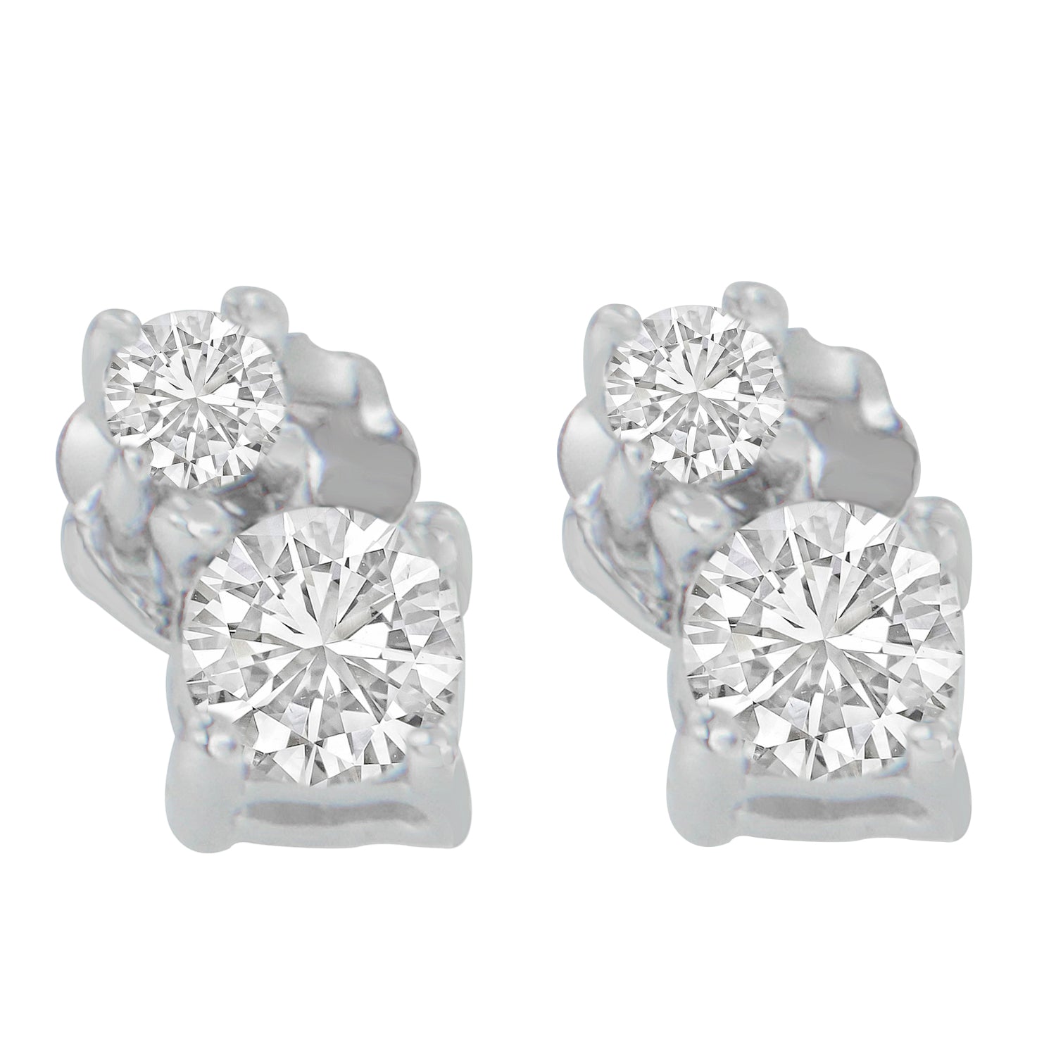 Front view of a pair of white metal stud earrings, each featuring two prong-set round white gemstones of different sizes.
