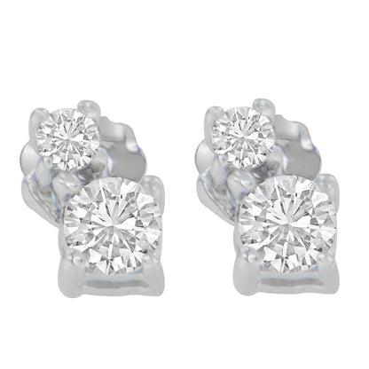 Front view of a pair of white metal stud earrings, each featuring two prong-set round white gemstones of different sizes.