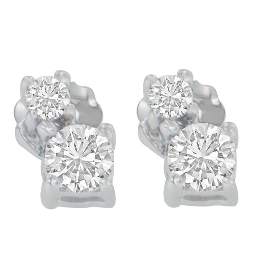 Front view of a pair of white metal stud earrings, each featuring two prong-set round white gemstones of different sizes.
