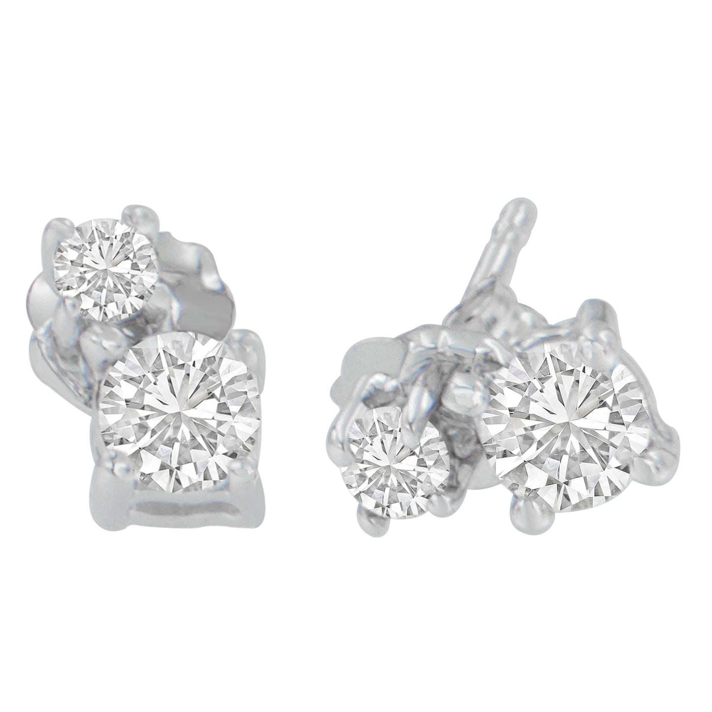 Close-up front angle of white metal stud earrings each with two prong-set round white gemstones.