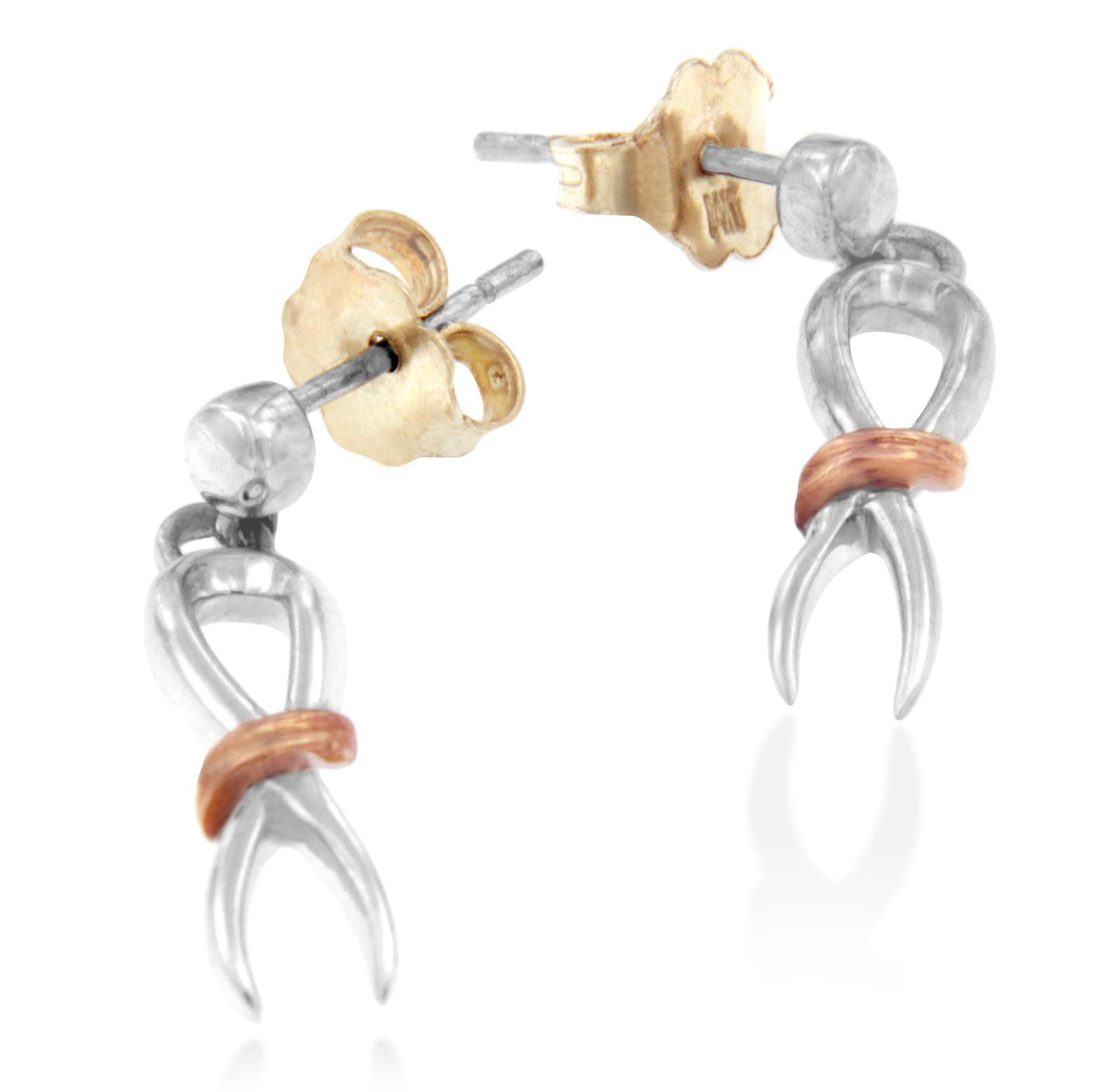 Pair of two-toned earrings with looped design and a wrap detail, shown from a slightly angled front view.