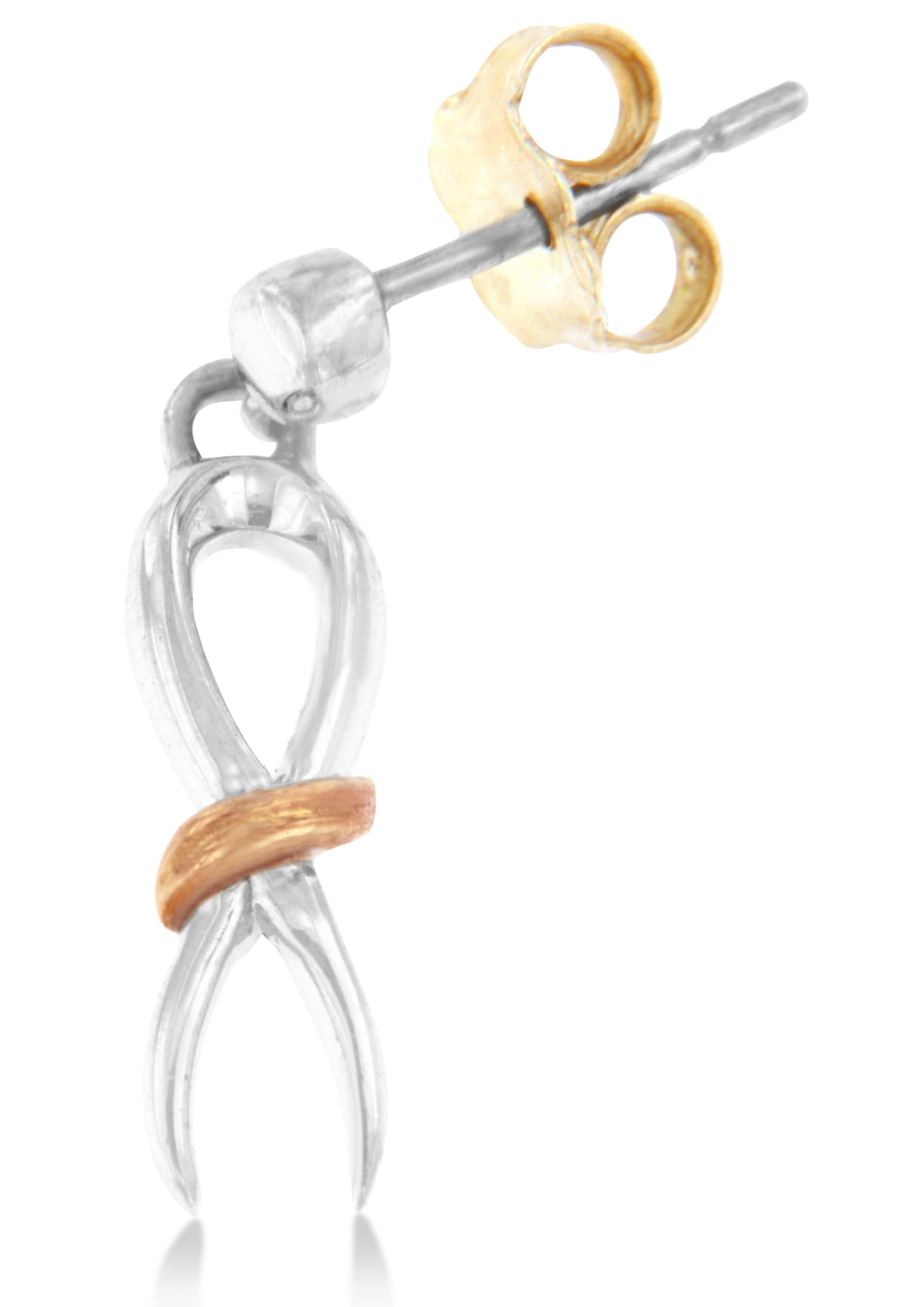 Close-up side angle of a two-toned metal earring in an abstract loop design with a small band accent, shown with a butterfly back.