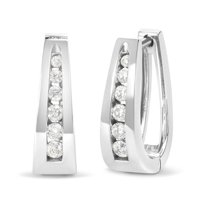 Pair of white metal earrings with channel-set round white gemstones, shown from a front and angled side view.