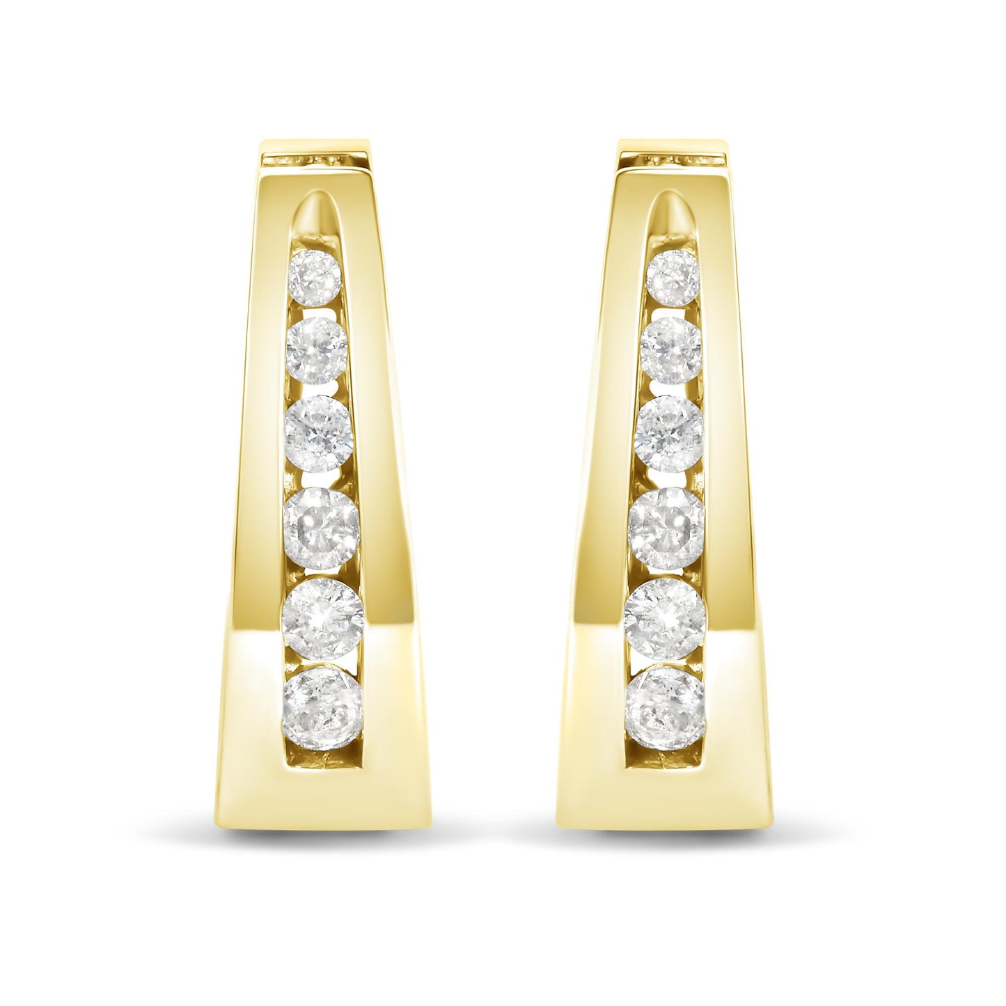 Front view of yellow metal earrings with a vertical row of round white gemstones in channel setting.