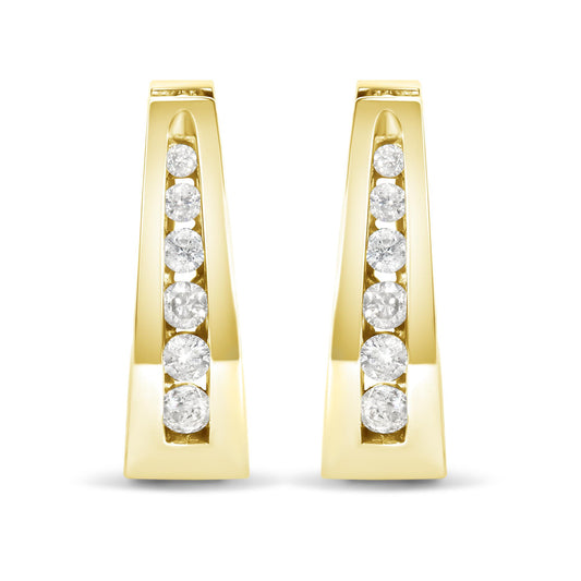Front view of yellow metal earrings with a vertical row of round white gemstones in channel setting.