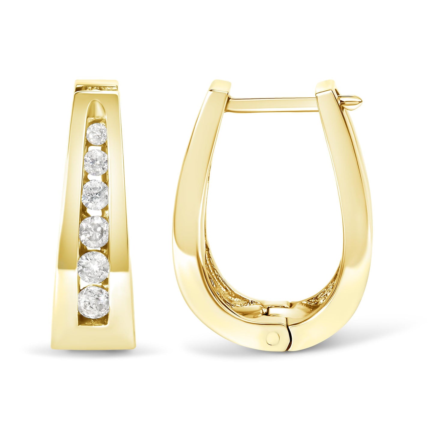 Front and side angle view of yellow metal hoop earrings with a row of white round channel-set gemstones on the front face.