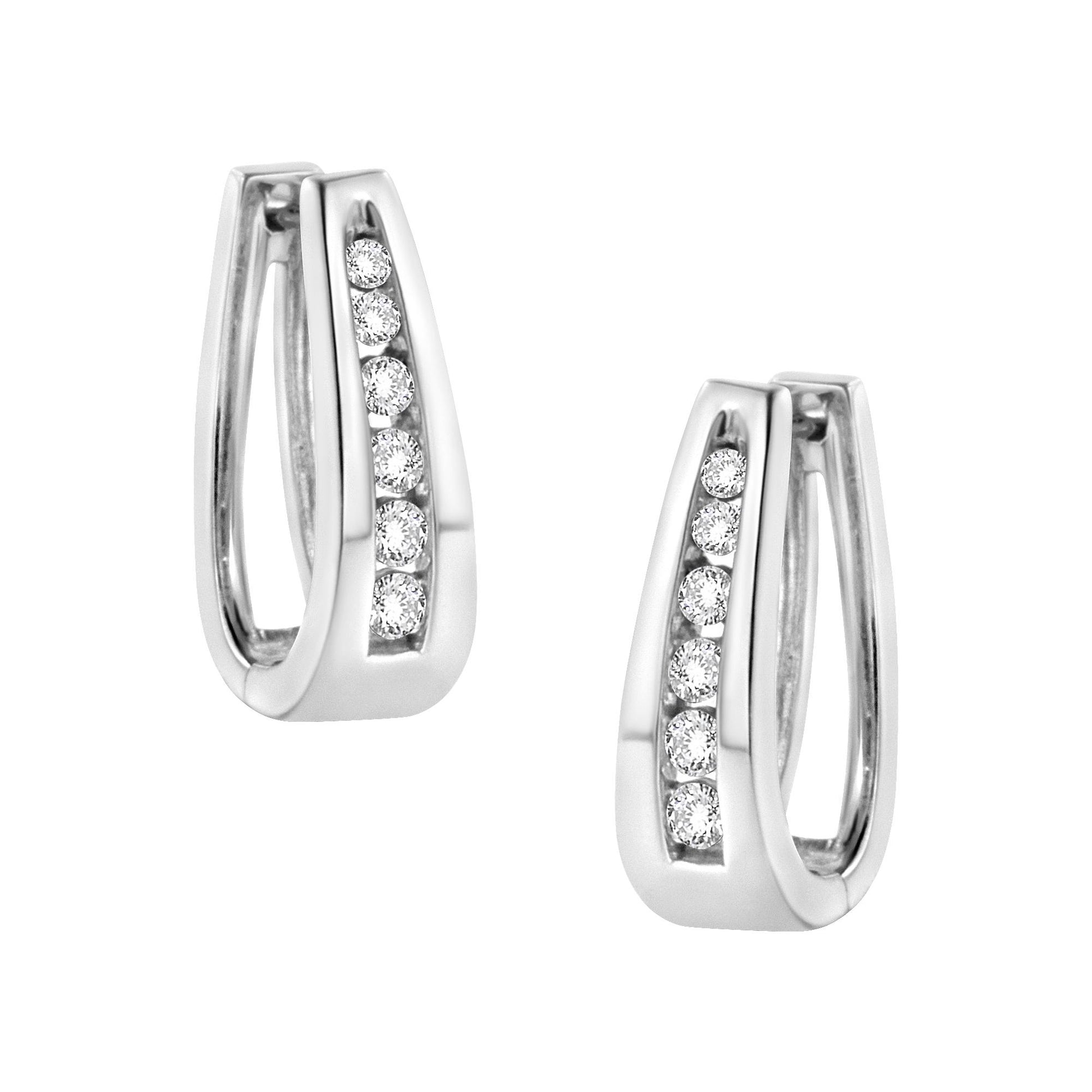 Pair of white metal earrings with channel-set round white gemstones, shown at a slight angled front view.