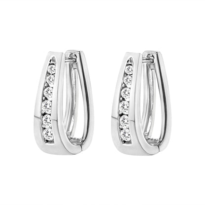 Pair of white metal earrings with channel-set round white gemstones, shown from a front angle.