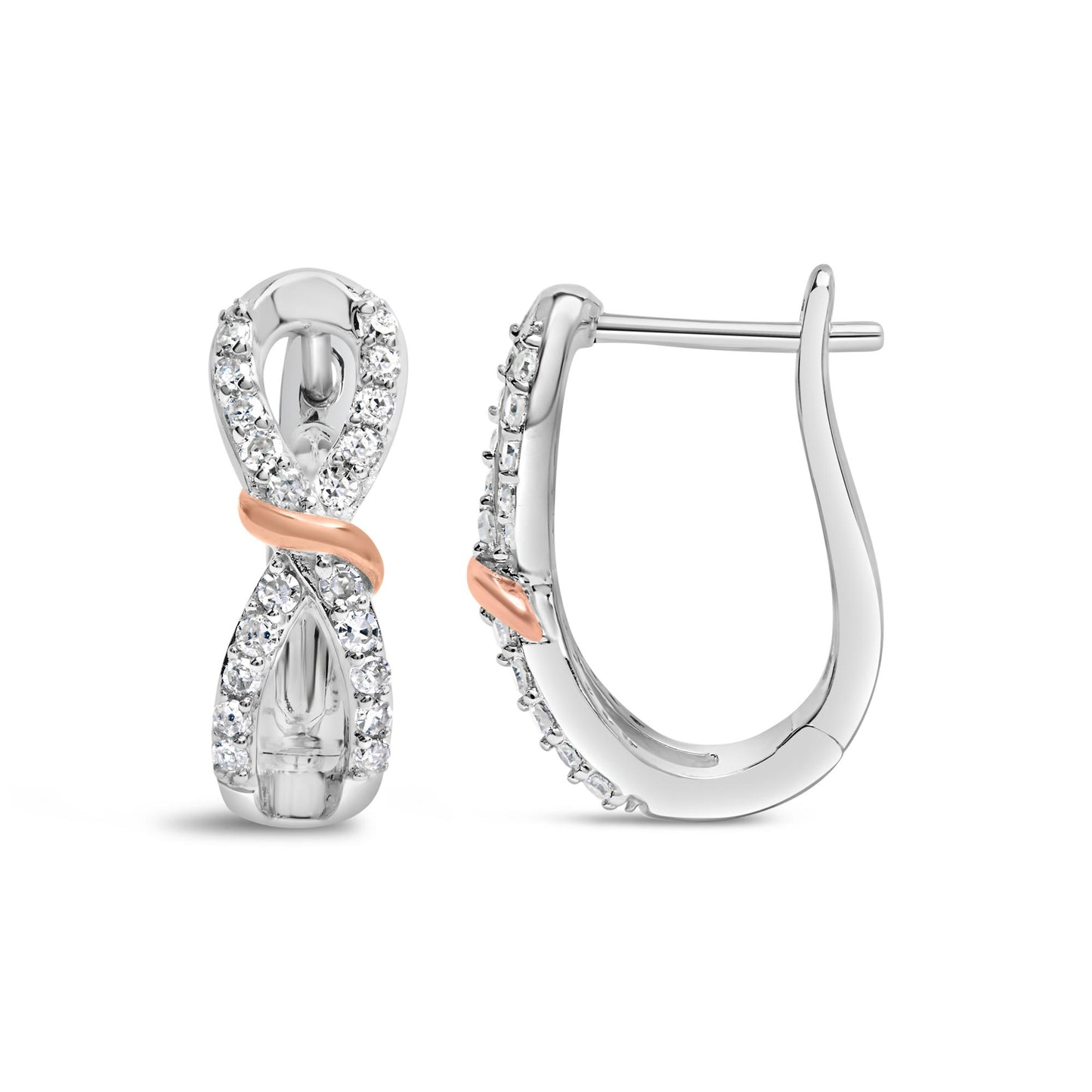Front and side views of white and rose metal earrings with an infinity shape, featuring round white gemstones in prong settings along the front.