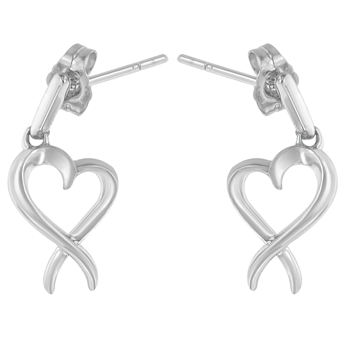 Front-facing close-up of a pair of white metal earrings shaped like intertwined hearts.
