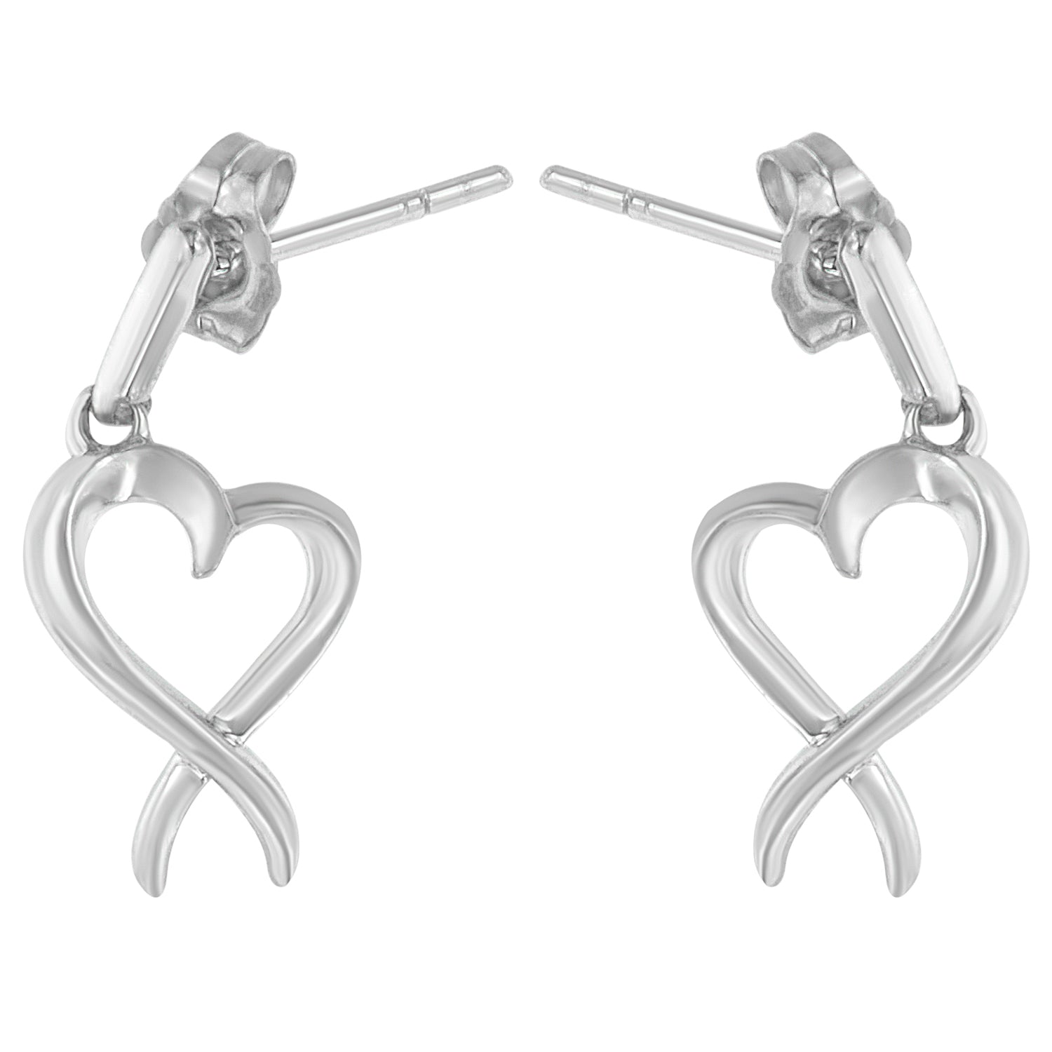 Front-facing close-up of a pair of white metal earrings shaped like intertwined hearts.