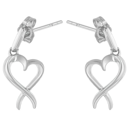 Front-facing close-up of a pair of white metal earrings shaped like intertwined hearts.