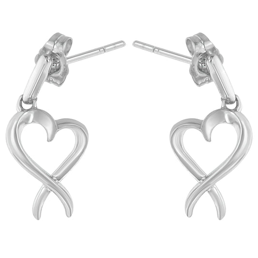 Front-facing close-up of a pair of white metal earrings shaped like intertwined hearts.