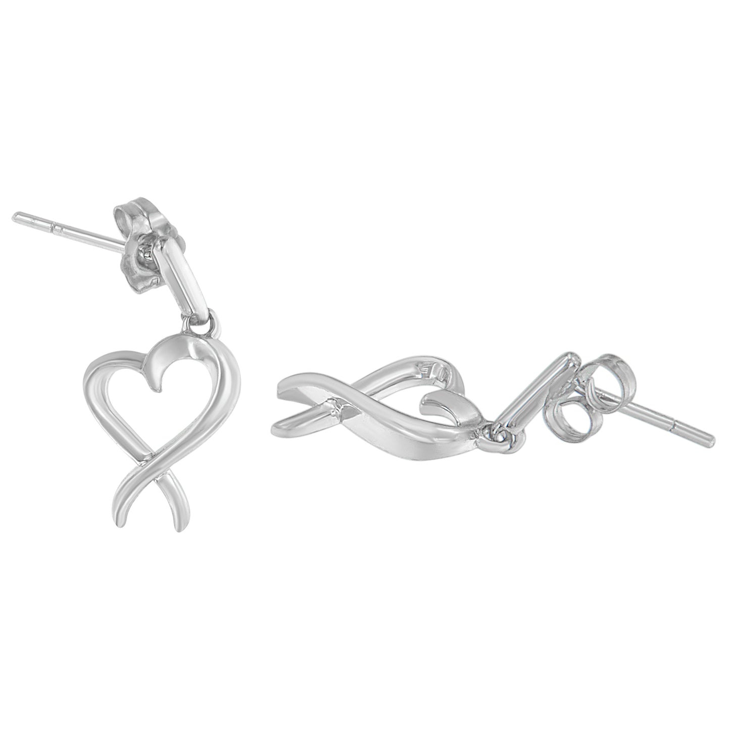 Close-up front and side view of white metal earrings shaped like an abstract heart with a looped ribbon design, shown on a white background.