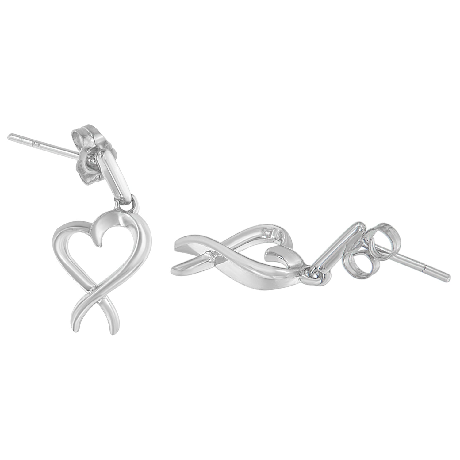 Close-up front and side view of white metal earrings shaped like an abstract heart with a looped ribbon design, shown on a white background.