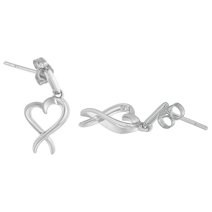 Close-up front and side view of white metal earrings shaped like an abstract heart with a looped ribbon design, shown on a white background.