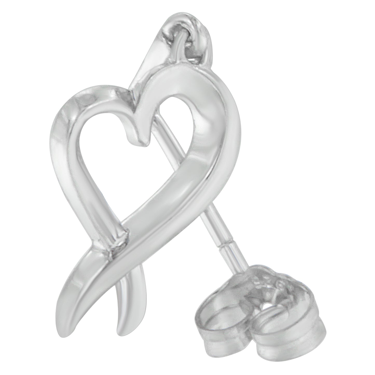 Close-up front angle of a white metal heart-shaped stud earring with a transparent backing.