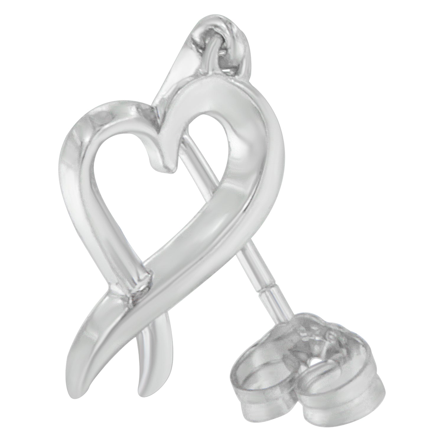 Close-up front angle of a white metal heart-shaped stud earring with a transparent backing.