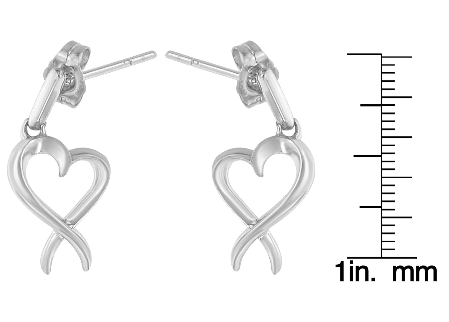 Pair of white metal earrings in an open heart and loop design, shown front-facing with a size ruler on the side.