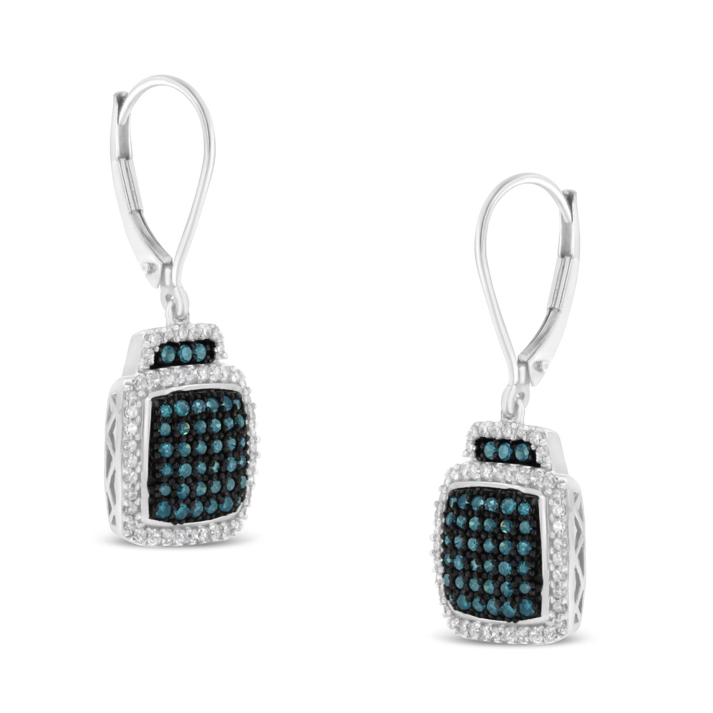 Front angled view of white metal earrings featuring square-shaped drops with prong-set white gemstones surrounding pave-set blue gemstones.