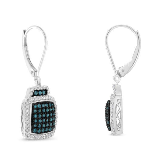 Pair of white metal earrings with lever-back clasps, featuring square-shaped drops adorned with blue gemstones in pave setting and surrounded by white gemstones in prong setting, shown in front and side views on a white background.