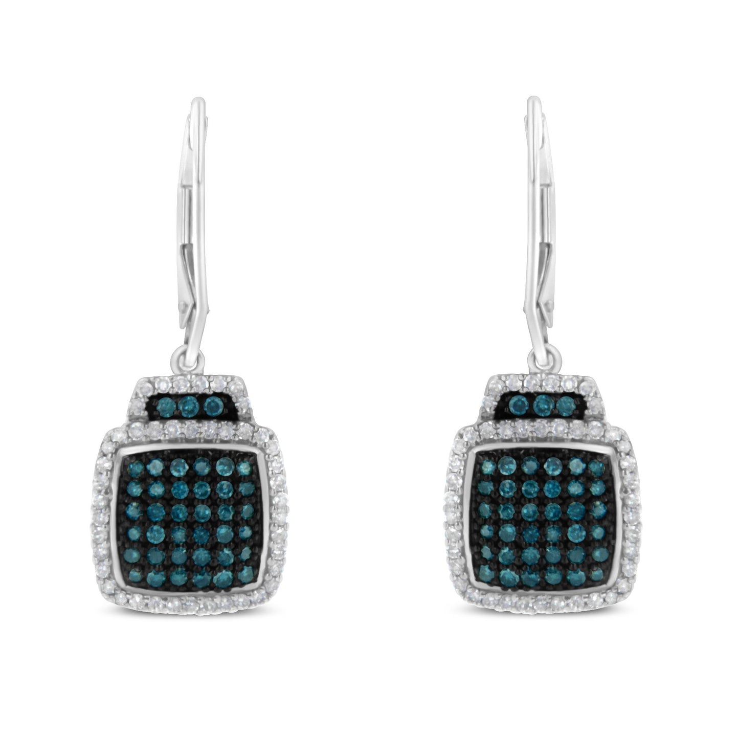 Front-facing image of a pair of white metal earrings with square-shaped heads featuring prong-set white gemstones around the edges and pave-set blue gemstones in the center.