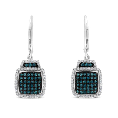 Front-facing image of a pair of white metal earrings with square-shaped heads featuring prong-set white gemstones around the edges and pave-set blue gemstones in the center.