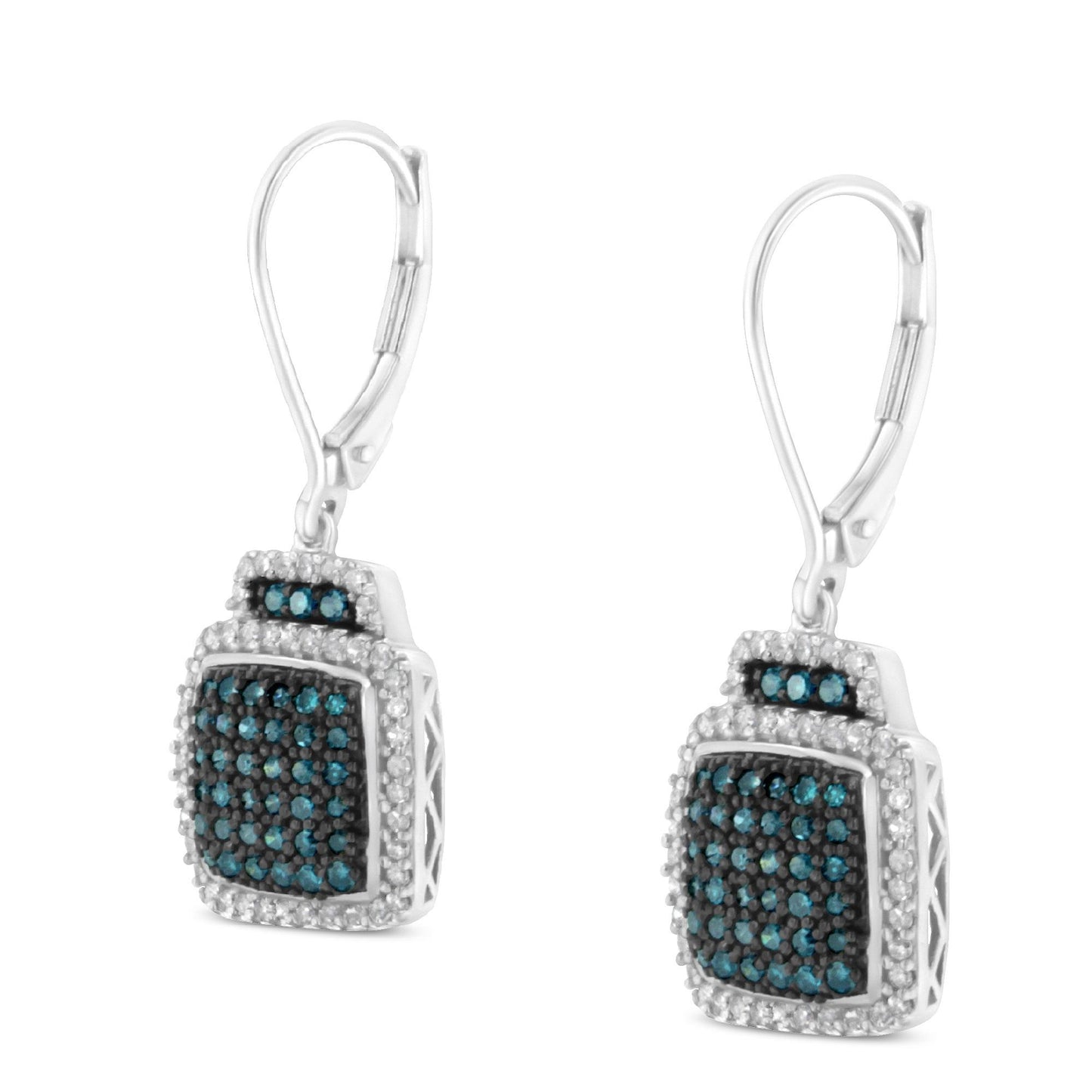 Front angled view of white metal dangle earrings with square-shaped clusters of blue gemstones in pave setting, surrounded by white gemstones in prong setting.